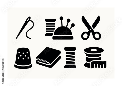 Sewing silhouette icons set – stitching, tailoring, dressmaking symbols