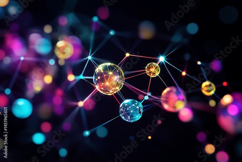 Abstract digital art depicting interconnected spheres and lines, symbolizing a complex network of scientific data, knowledge exchange, and technological innovation.