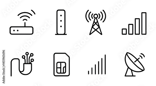 Telecommunication line icons set – outline, connectivity, network symbols for tech