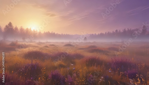 Misty sunrise paints abstract autumn meadow in gold and purple hues ,  landscape,  background,  warm