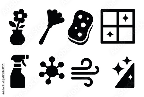 Cleaning and hygiene solid icons set – flat, filled, sanitation and housekeeping tools