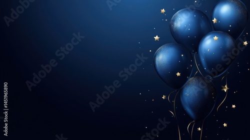 Dark blue balloons, gold confetti, celebration, night background, invitation