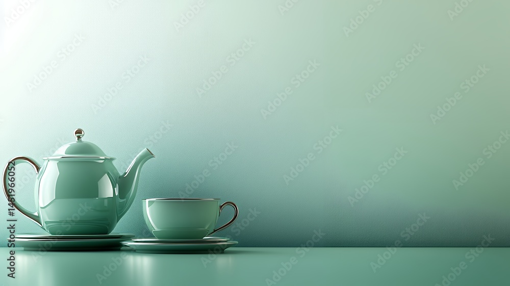 Fototapeta premium Elegant monochrome tea set on a reflective surface with ample copy space