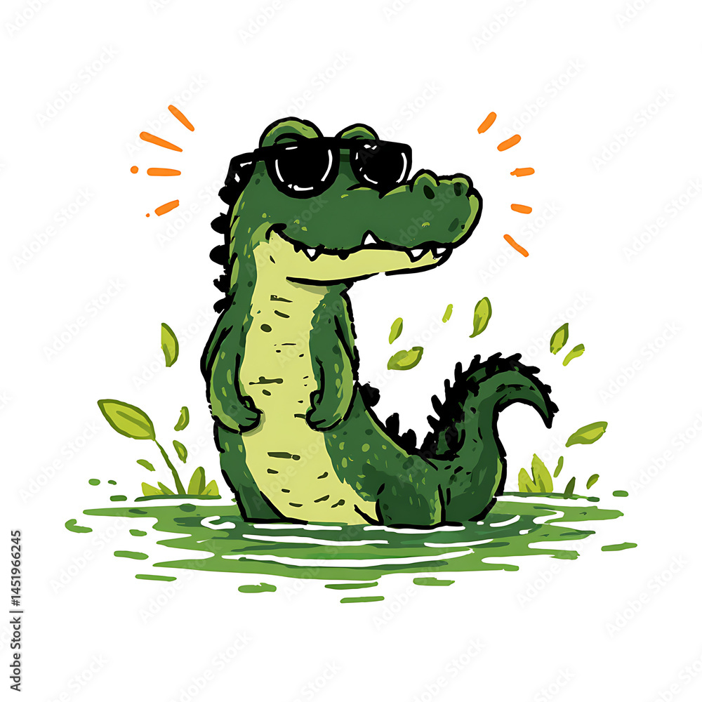 Obraz premium A cartoon alligator smiles confidently with dark sunglasses. The green gator sits in water with plants, creating a fun and playful illustration.