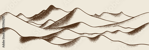 Mountain landscape in sepia tones, minimalism, imitation pencil drawing, vector illustration