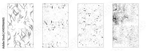 Grunge texture monochrome set elements with spotted canvases, traces soot or scratches caused by wear and tear vector illustration