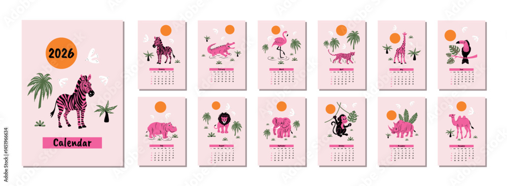 A modern calendar template for 2026 with wild animals in a fashionable style. The calendar grid showing the weeks starts on Sunday. A calendar for each month for planning. Vector design. A modern calendar template for 2026 with wild animals in a fashionable style. The calendar grid showing the weeks starts on Sunday. A calendar for each month for planning. Vector design.