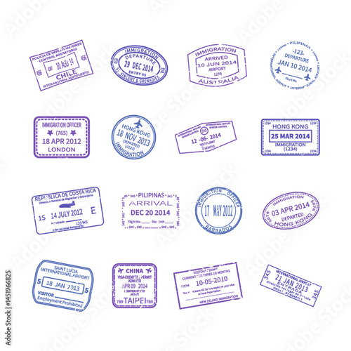 Vector international travel visa stamps set