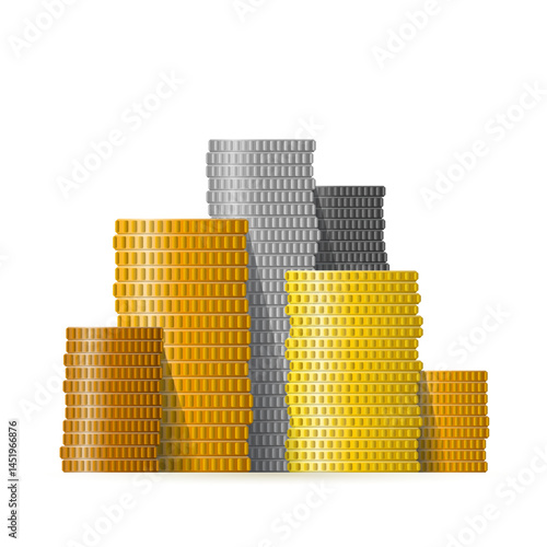 Realistic vector different coin piles in flat style