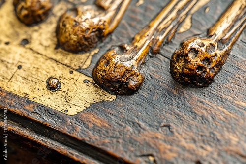 Wallpaper Mural Close up view of a dark brown wooden surface adorned with small, skull shaped details. The skulls appear to be made of a golden brown, resin like material and are meticulously arranged on the wood Torontodigital.ca