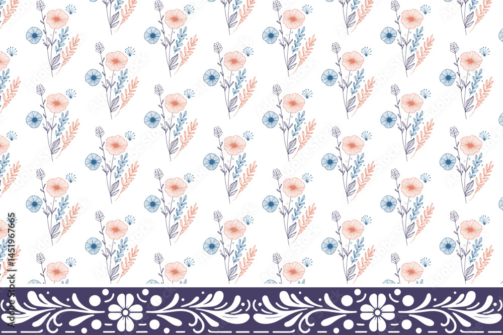 Obraz premium embroidery sketch pattern. hand drawn border texture. floral seamless design. one line textile artwork. outline repeat style. modern botanical petals