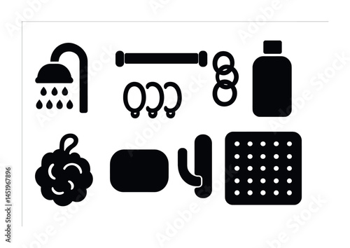 Bathroom essentials solid icons set – filled, silhouette, shower and toiletry symbols
