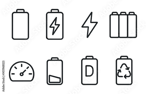 Battery and energy icons set – outline, linear, power and renewable symbols