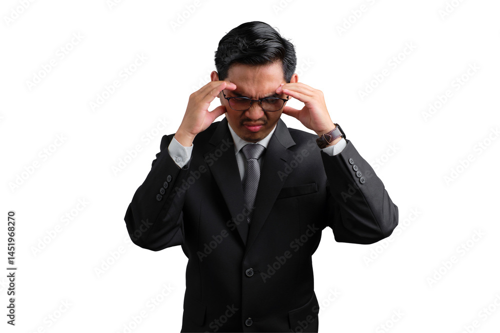 Stressed young Asian businessman holding head in pain isolated on transparent background Stressed young Asian businessman holding head in pain isolated on transparent background