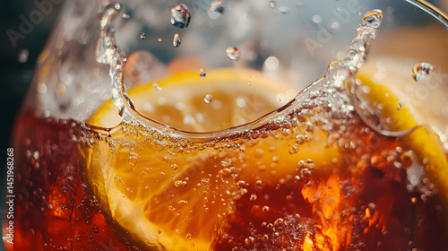 Close-up view of a cocktail in a glass, featuring a splash of liquid and a piece of lemon. The drink is amber colored and full of bubbles.