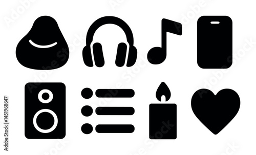 Music and entertainment silhouette icons set – solid, filled, sound and audio symbols