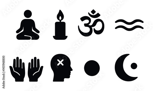 Meditation and spirituality icons set – solid, silhouette, yoga and zen symbols