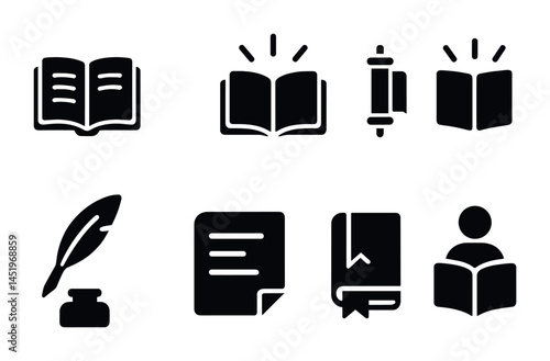 Reading and writing solid icons set – filled, literary and education symbols