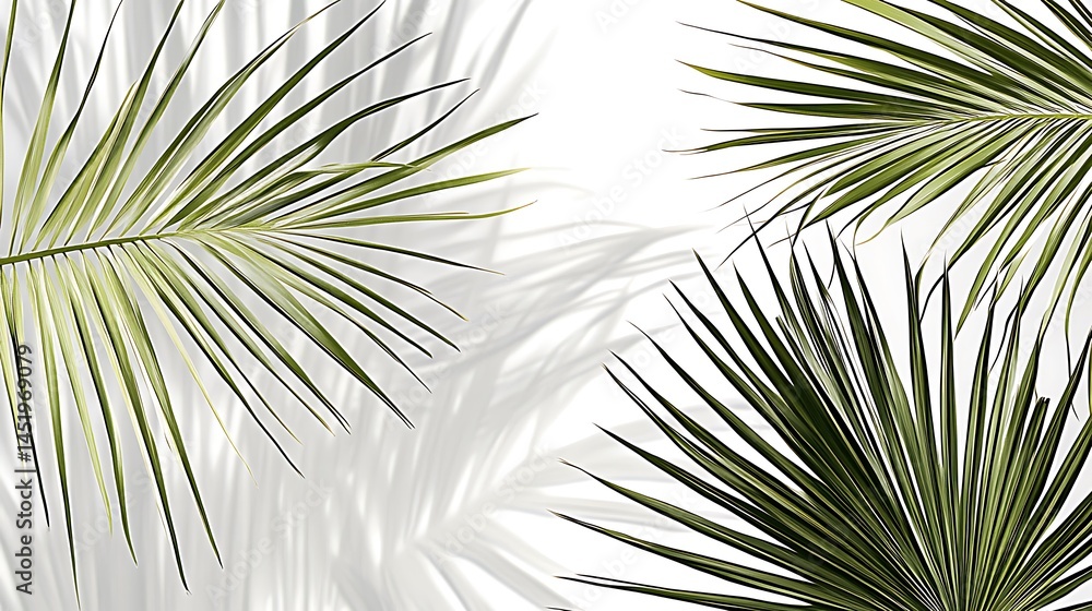 Obraz premium Close up view of lush green palm fronds against a blurred, light gray background. The image features several palm leaves, with a focus on intricate details and textures. The lighting is soft and