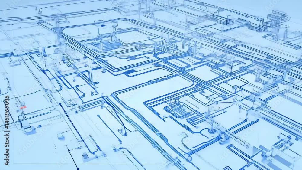 Beautiful 3d Blueprint of Contemporary pipelines and valves. Blue color 3d animation. Beautiful 3d Blueprint of Contemporary pipelines and valves. Blue color 3d animation.
