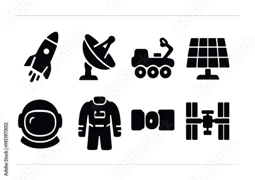 Space exploration icons set – solid, filled, sci-fi and astronomy symbols