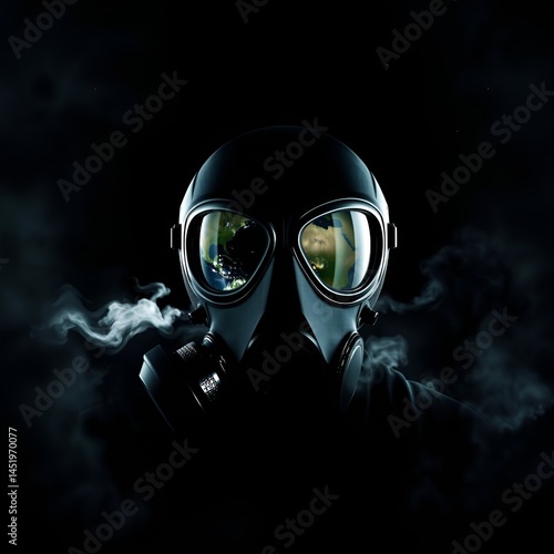 Planet Earth personified with gas mask in space surrounded by toxic smoke and fog, symbolizing climate change, pollution, environmental crisis, and apocalyptic isolation