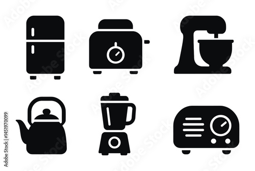 Kitchen appliance silhouette icons set – solid, filled, cooking and home essentials