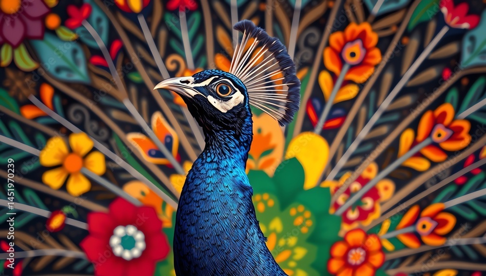 Beautiful Indian peacock vibrant leaves and grass patchwork background, gazing slightly upward with intricate patterns