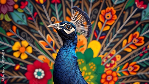 Obraz na płótnie Beautiful Indian peacock vibrant leaves and grass patchwork background, gazing slightly upward with intricate patterns w salonie