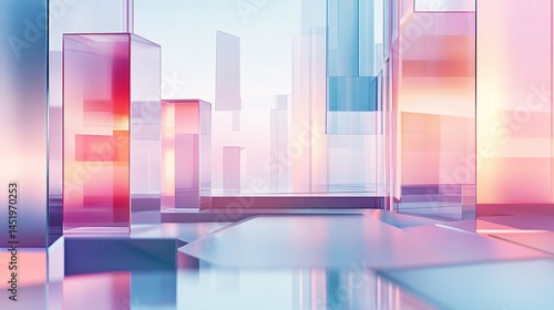 Futuristic abstract architecture with geometric shapes, glass and metal textures, minimalist isometric perspective gradient light illumination. 3D rendering style showing modern design concept