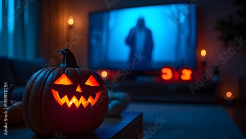 Spooky Halloween Night Jack O Lantern Pumpkin Watching Horror Movie on TV