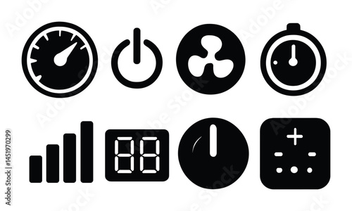Measurement and gadget solid icons set – filled, tools, digital device symbols