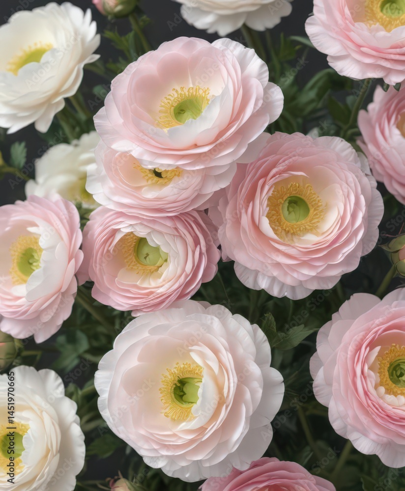 Fototapeta premium Delicate pink & white ranunculus blossoms, petals unfurled , texture, nature, ranunculus