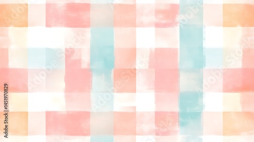 Watercolor pastel gingham pattern in peach, light blue and orange hues on white background. Seamless repeat texture with soft, brush stroke effect. Ideal for textile, fabric, wallpaper, and surface