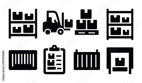 Logistics and warehouse silhouette icons set – storage, shipping, supply chain symbols