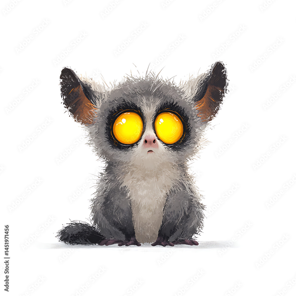 Fototapeta premium A whimsical, wide-eyed creature with fluffy grey fur and huge, glowing yellow eyes sits against a stark white background, looking curious.