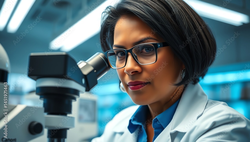 Indian middle aged female scientist working with microscope in laboratory. High definition cinematic