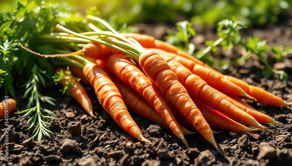 Bunch of carrots laying in the soil after fresh harvest in high definition