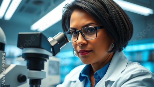 Obraz na płótnie Indian middle aged female scientist working with microscope in laboratory. High definition cinematic w salonie