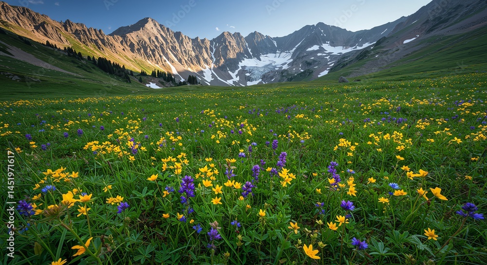 Fototapeta premium Mountain Meadow with Wildflowers and Snow Capped Peaks