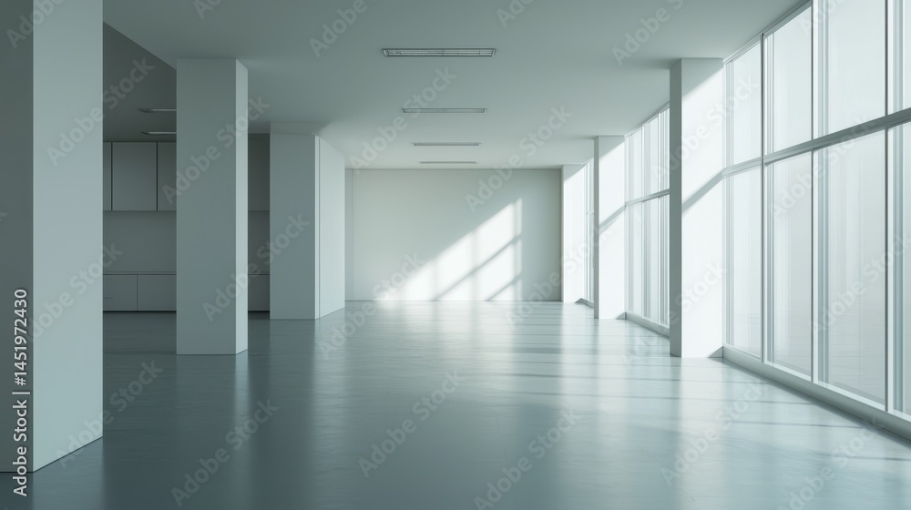 Bright and airy office mockup featuring large windows that allow for plenty of natural light. The minimalist design promotes a calm and productive environment, ideal for brainstorming or meetings Bright and airy office mockup featuring large windows that allow for plenty of natural light. The minimalist design promotes a calm and productive environment, ideal for brainstorming or meetings