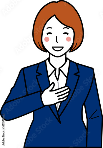 お任せください。と胸に手を当てるスーツの女性