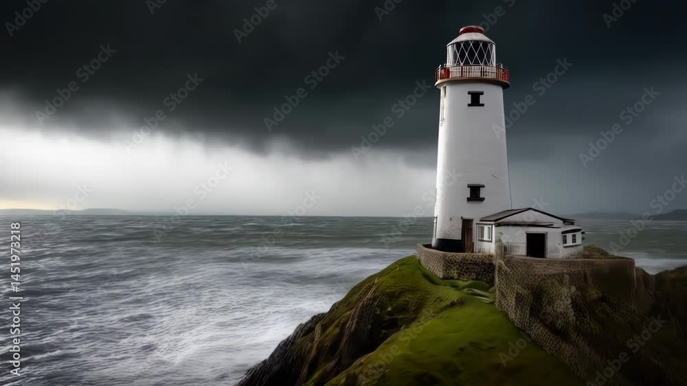 Lighthouse stands tall on rocky outcrop overlooking a stormy sea with crashing waves and moody sky providing dramatic coastal scene Lighthouse stands tall on rocky outcrop overlooking a stormy sea with crashing waves and moody sky providing dramatic coastal scene