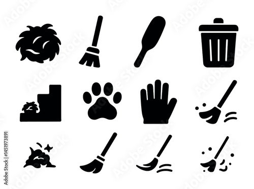 Cleaning tools solid icons set – filled, household, sanitation symbols