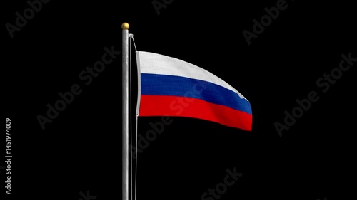 ロシアの国旗がはためいています。背景は黒です。