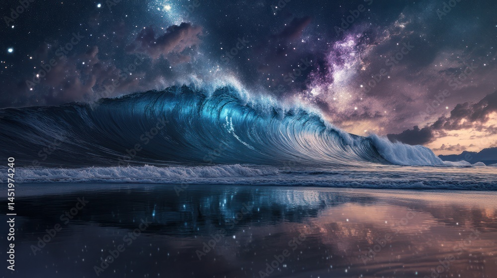 A majestic ocean wave crashes beneath a starry night sky A majestic ocean wave crashes beneath a starry night sky