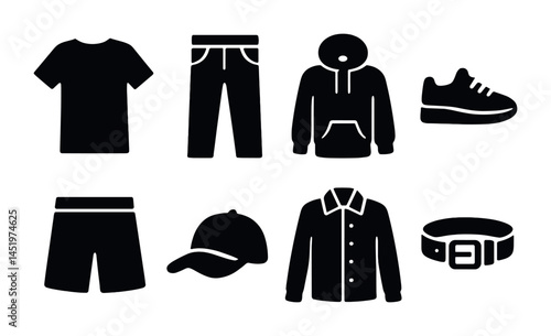 Casual clothing solid icons set – filled, silhouette, apparel and fashion symbols