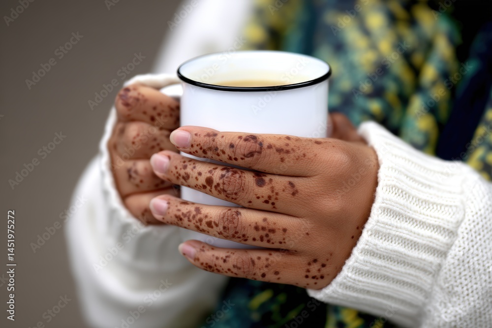 Warm drink held by a person with henna designs on hands in a cozy setting during winter Warm drink held by a person with henna designs on hands in a cozy setting during winter