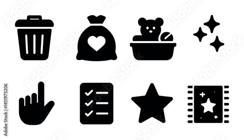 Household tasks solid icons set – flat, filled, cleaning and organizing symbols