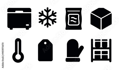 Frozen food silhouette icons set – solid, freezer, storage symbols